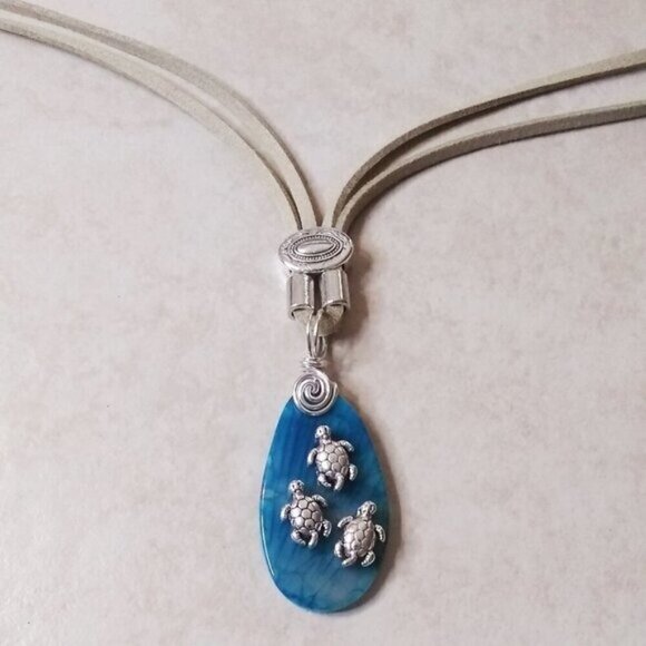 Sexy Beach Sea Turtle Agate + Faux Leather Necklace - 24" ~ Beachy Ocean Boho - Picture 8 of 11